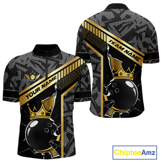 Black Camo and Gold Broken Crown Bowling Ball Bowling Shirts For Men Custom Bowling Team Jerseys NQS11139
