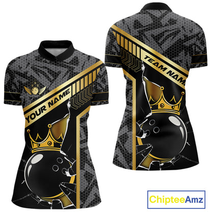 Black Camo and Gold Broken Crown Bowling Ball Bowling Shirts For Women Custom Bowling Team Jerseys NQS11139