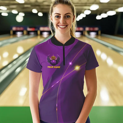 Purple and Gold Crown Bowling ball wings Bowling Shirts For Women Custom Ladies Bowling Team Outfits NQS9445