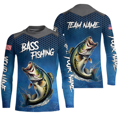 Blue camo Largemouth Bass fishing Custom performance long sleeve team Bass fishing tournament shirts NQS7364