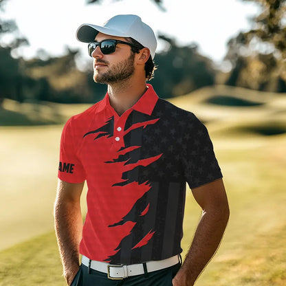 Personalized Mens golf polos shirts custom red golf ball skin black American flag mens golf apparel NQS9776