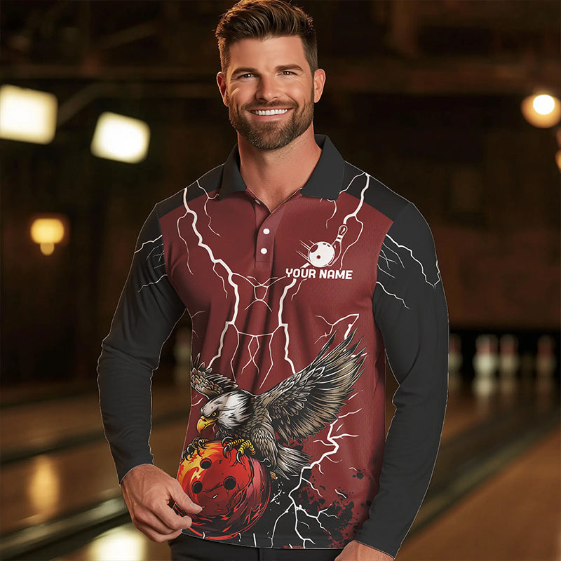 Men's bowling Polo, Quarter Zip shirts Custom Eagle bowling lightning storm team league jerseys | Red NQS9781