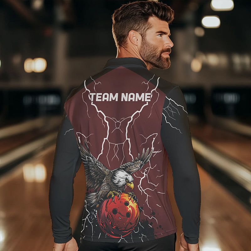 Men's bowling Polo, Quarter Zip shirts Custom Eagle bowling lightning storm team league jerseys | Red NQS9781