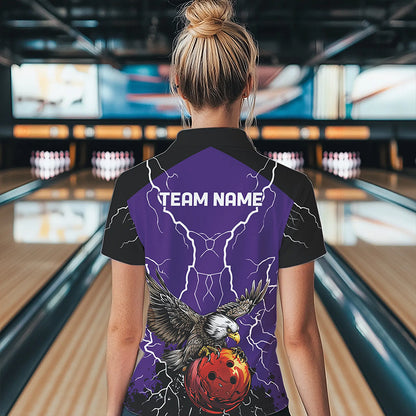 Women bowling Polo, Quarter Zip shirt Custom Eagle bowling lightning storm team league jersey | Purple NQS9782