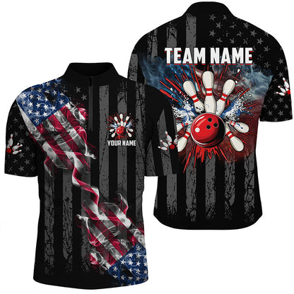 Black American flag smoke Bowling Polo, Quarter Zip shirt For Men Custom Patriotic Team Bowling Jersey NQS7689