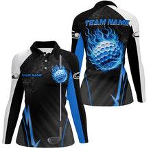 Load image into Gallery viewer, Black and white ladies golf tops custom Blue Flame golf ball Women golf polo shirts, golfing gifts NQS7692