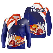 Load image into Gallery viewer, Blue orange personalized bowling shirt for men – custom name design side view
