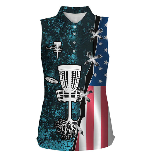 Womens sleeveless polo shirt American flag blue grunge disc golf team shirt, disc golf gifts NQS7933