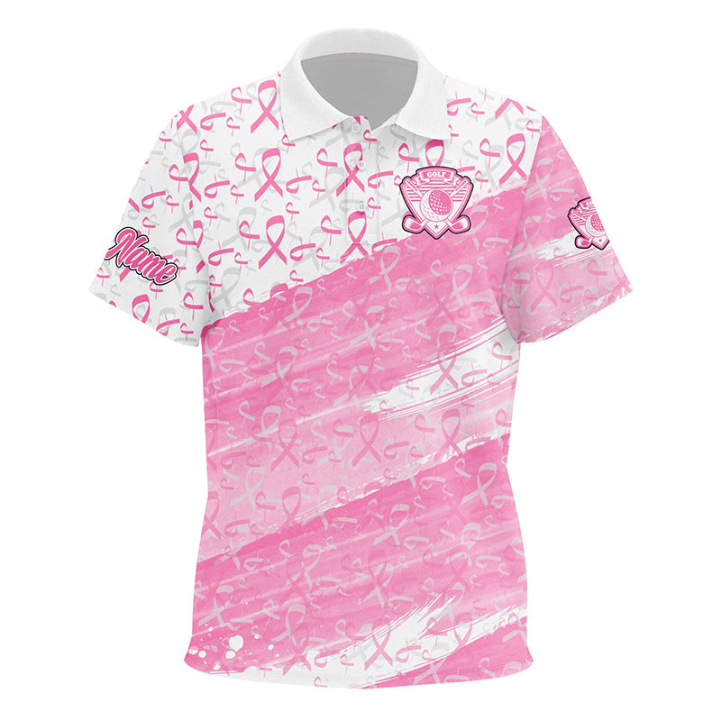 Kid golf polo shirts custom white and pink ribbon pattern Breast Cancer awareness Kid golf attire NQS8125