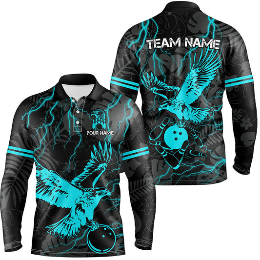 Black tropical Cyan Blue Eagle Bowling Polo, 1/4 Zip Shirts For Men, cool bowling team jerseys NQS8360