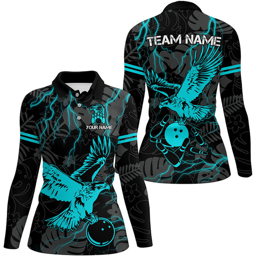 Black tropical Cyan Blue Eagle Bowling Polo, 1/4 Zip Shirts For Women, cool bowling team jerseys NQS8360