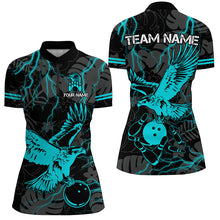 Load image into Gallery viewer, Black tropical Cyan Blue Eagle Bowling Polo, 1/4 Zip Shirts For Women, cool bowling team jerseys NQS8360