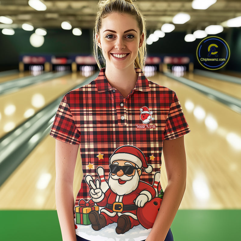 Funny Santa Christmas Bowling shirts for Women Custom Red Plaid bowling outfits for women NQS10957