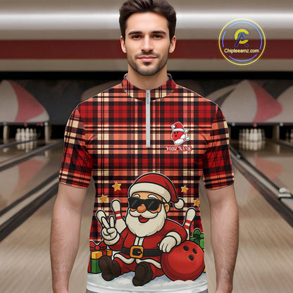Funny Santa Christmas Bowling Polo, Quarter Zip shirts for men Custom Red Plaid bowling jerseys men NQS10957