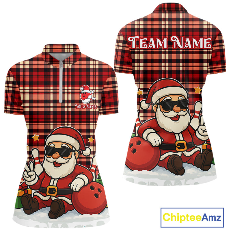 Funny Santa Christmas Bowling shirts for Women Custom Red Plaid bowling outfits for women NQS10957