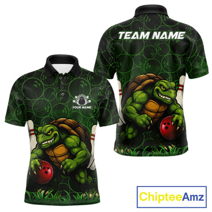 Black and Green Camo Funny Turtle Bowling Polo, Quarter Zip Shirt For Men Custom Team Bowling jerseys NQS11337