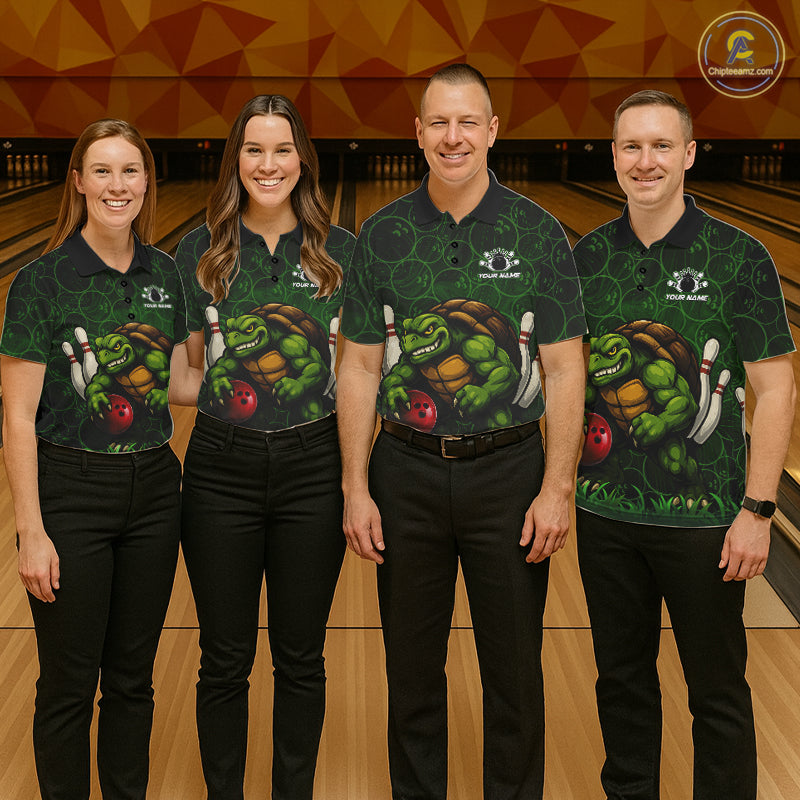 Black and Green Camo Funny Turtle Bowling Polo, Quarter Zip Shirt For Men Custom Team Bowling jerseys NQS11337