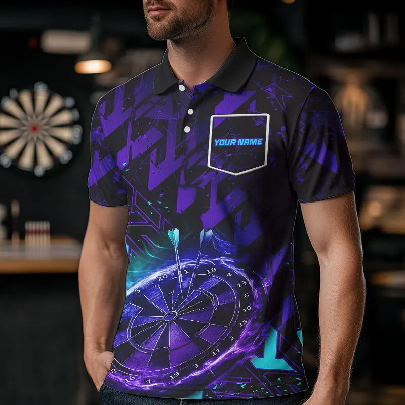 Men Darts Polo, Quarter Zip shirts Custom purple blue abstract Darts Team Jerseys, Darts gifts NQS9449