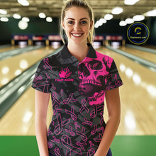 Load image into Gallery viewer, Black Skull camo pink ribbon pattern breast cancer bowling shirt for Women custom bowling team jersey NQS11549