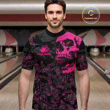 Load image into Gallery viewer, Black Skull camo pink ribbons pattern breast cancer bowling shirt for men custom bowling team jerseys NQS11549