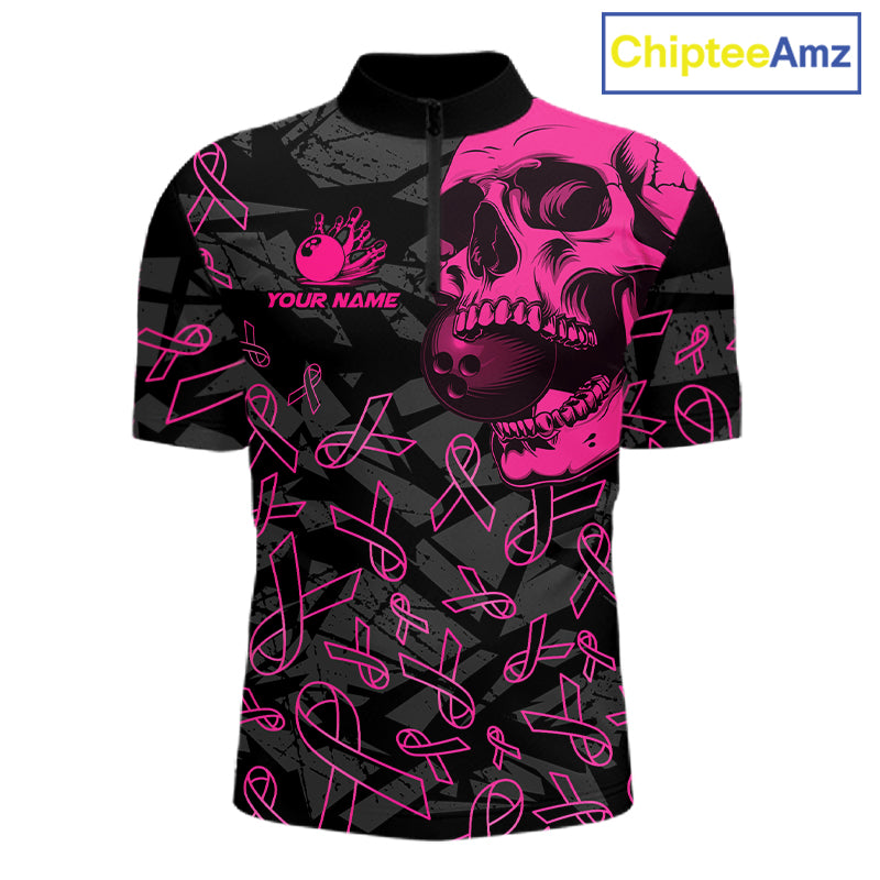 Black Skull camo pink ribbons pattern breast cancer bowling shirt for men custom bowling team jerseys NQS11549