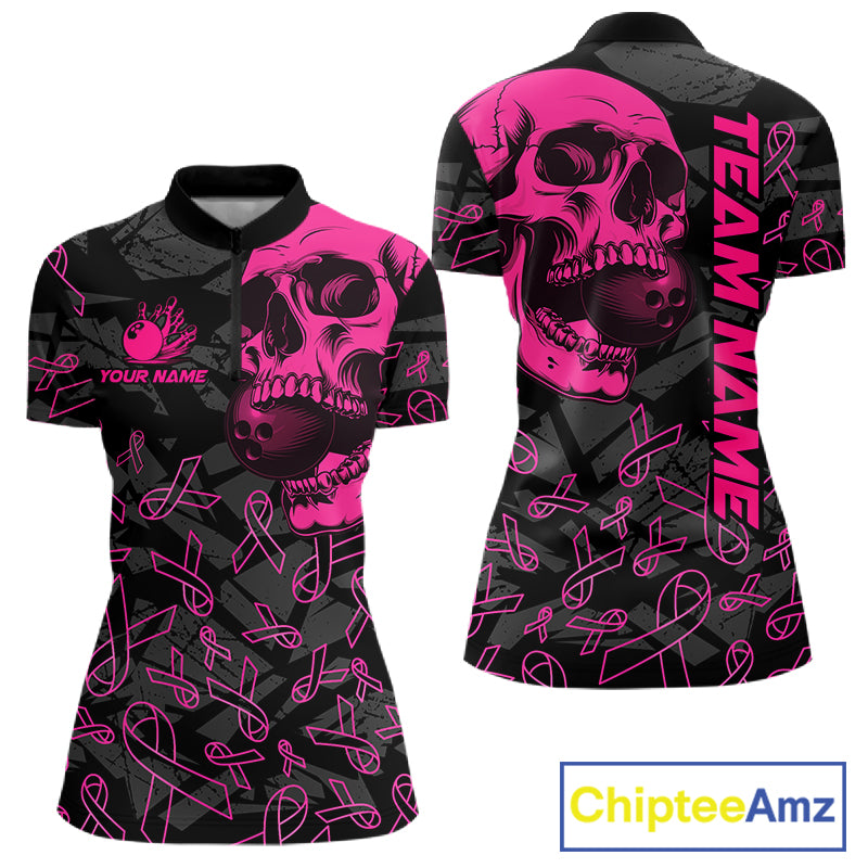 Black Skull camo pink ribbon pattern breast cancer bowling shirt for Women custom bowling team jersey NQS11549