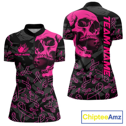 Black Skull camo pink ribbon pattern breast cancer bowling shirt for Women custom bowling team jersey NQS11549