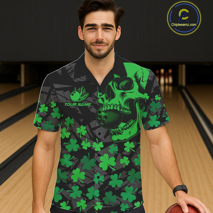 Black Skull camo Green Shamrock pattern St Patrick bowling Hawaiian Shirt custom bowling team jersey NQS11550