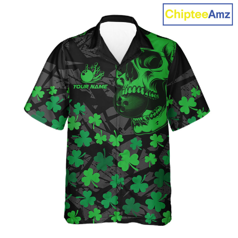 Black Skull camo Green Shamrock pattern St Patrick bowling Hawaiian Shirt custom bowling team jersey NQS11550