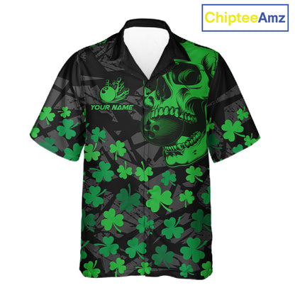Black Skull camo Green Shamrock pattern St Patrick bowling Hawaiian Shirt custom bowling team jersey NQS11550