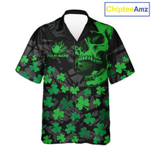 Load image into Gallery viewer, Black Skull camo Green Shamrock pattern St Patrick bowling Hawaiian Shirt custom bowling team jersey NQS11550