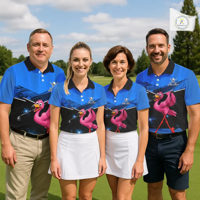 Funny Flamingo Blue Golf Polo Shirts For Men Custom Flamingo Team mens golf tops, funny golf gifts NQS11676