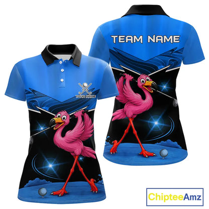 Funny Flamingo Blue Women Golf Polo Shirts Custom Flamingo Team ladies golf tops, funny golf gifts NQS11676