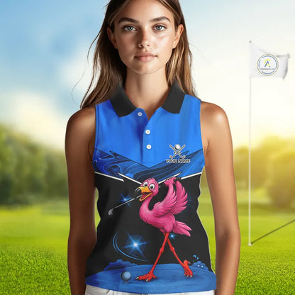 Funny Flamingo Blue Sleeveless Golf Shirt Custom Flamingo Team ladies golf tops, funny golf gifts NQS11676