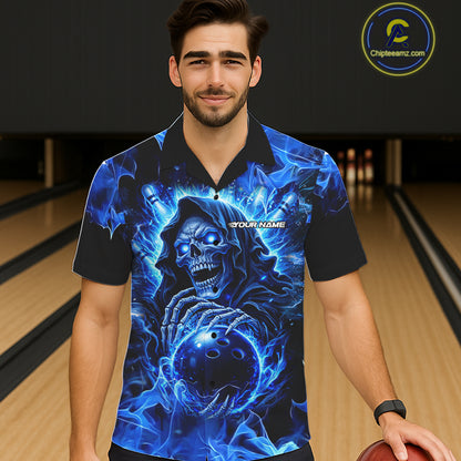 Blue Flame Skull Bowling Hawaiian Shirt Custom Bowling Reaper Team Bowling button up shirt NQS11348