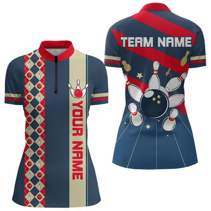 Personalized Red, white and blue Retro bowling Polo, Quarter Zip shirt for women, Bowling Team Jersey NQS9461