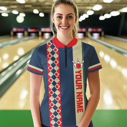 Personalized Red, white and blue Retro bowling Polo, Quarter Zip shirt for women, Bowling Team Jersey NQS9461