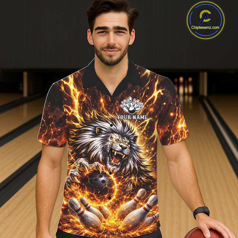 Gold Lightning Thunder Angry Lion Bowling Button-up Shirt Custom Lion Bowling Team Hawaiian jersey NQS11681