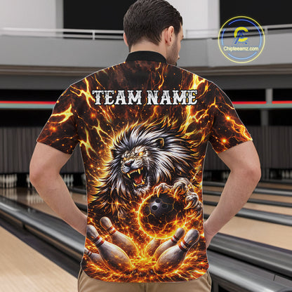 Gold Lightning Thunder Angry Lion Bowling Polo, 1/4 Zip Shirt for Men Custom Lion Bowling Team jersey NQS11681