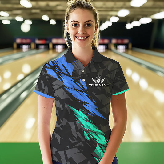 Personalized Black, Blue and Turquoise Camo Bowling Shirt For Women Custom Team Name Bowling Jerseys NQS9786