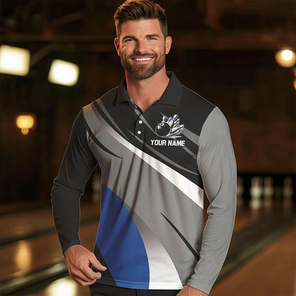 Personalized Black, Gray and Blue Bowling Shirts For Men, Bowling Balls And Pins Bowling Team Shirts NQS9784