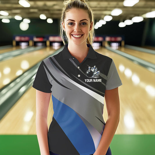 Personalized Black, Gray and Blue Bowling Shirts For Women, Bowling Balls And Pins Bowling Team Shirts NQS9784