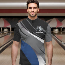 Load image into Gallery viewer, Personalized Black, Gray and Blue Bowling Shirts For Men, Bowling Balls And Pins Bowling Team Shirts NQS9784
