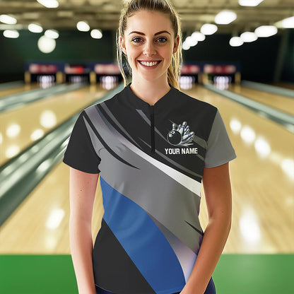 Personalized Black, Gray and Blue Bowling Shirts For Women, Bowling Balls And Pins Bowling Team Shirts NQS9784