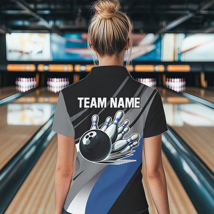 Personalized Black, Gray and Blue Bowling Shirts For Women, Bowling Balls And Pins Bowling Team Shirts NQS9784