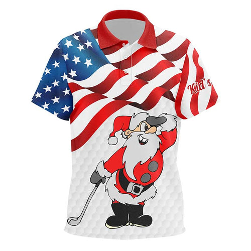 Christmas Santa American flag patriotic custom Kid golf polo shirts, Xmas US flag golf shirts Kid NQS7947