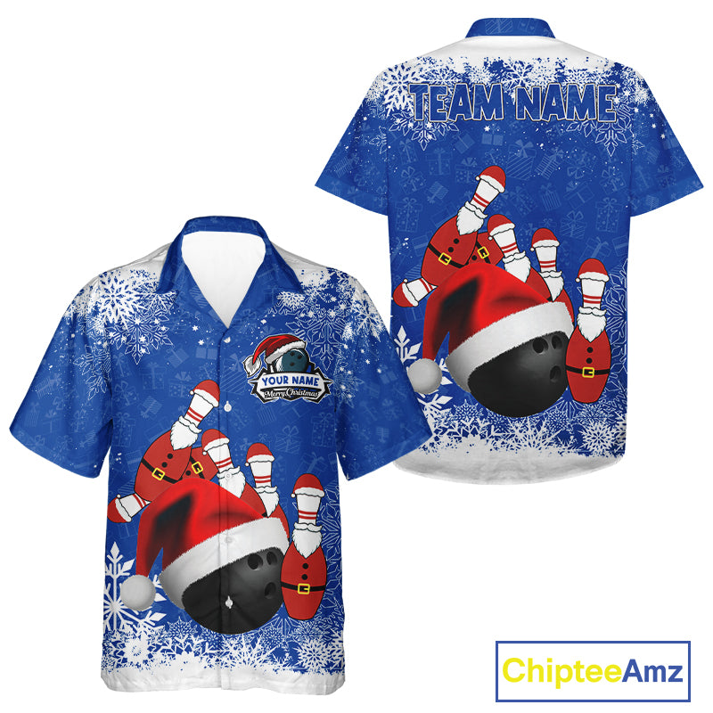 Bowling Hawaiian Shirt Custom Funny Christmas snowflake Santa Bowling Ball pins Team Jersey | Blue NQS11142