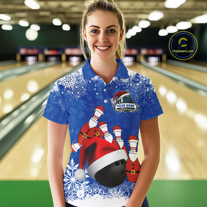 Womens bowling shirts Custom Funny Christmas snowflake Santa Bowling Ball pins Team Jersey | Blue NQS11142