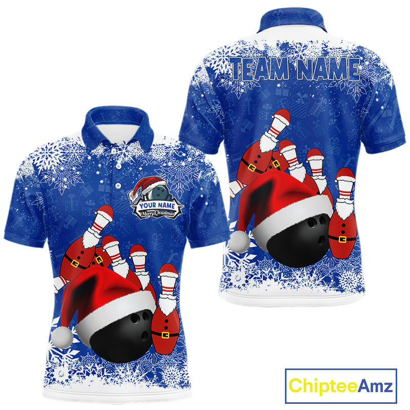Mens bowling shirts Custom Funny Christmas snowflake Santa Bowling Ball pins Team Jersey | Blue NQS11142