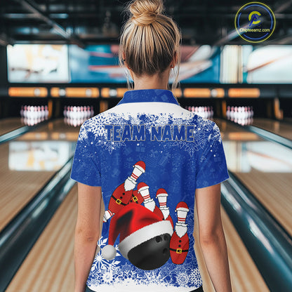 Womens bowling shirts Custom Funny Christmas snowflake Santa Bowling Ball pins Team Jersey | Blue NQS11142